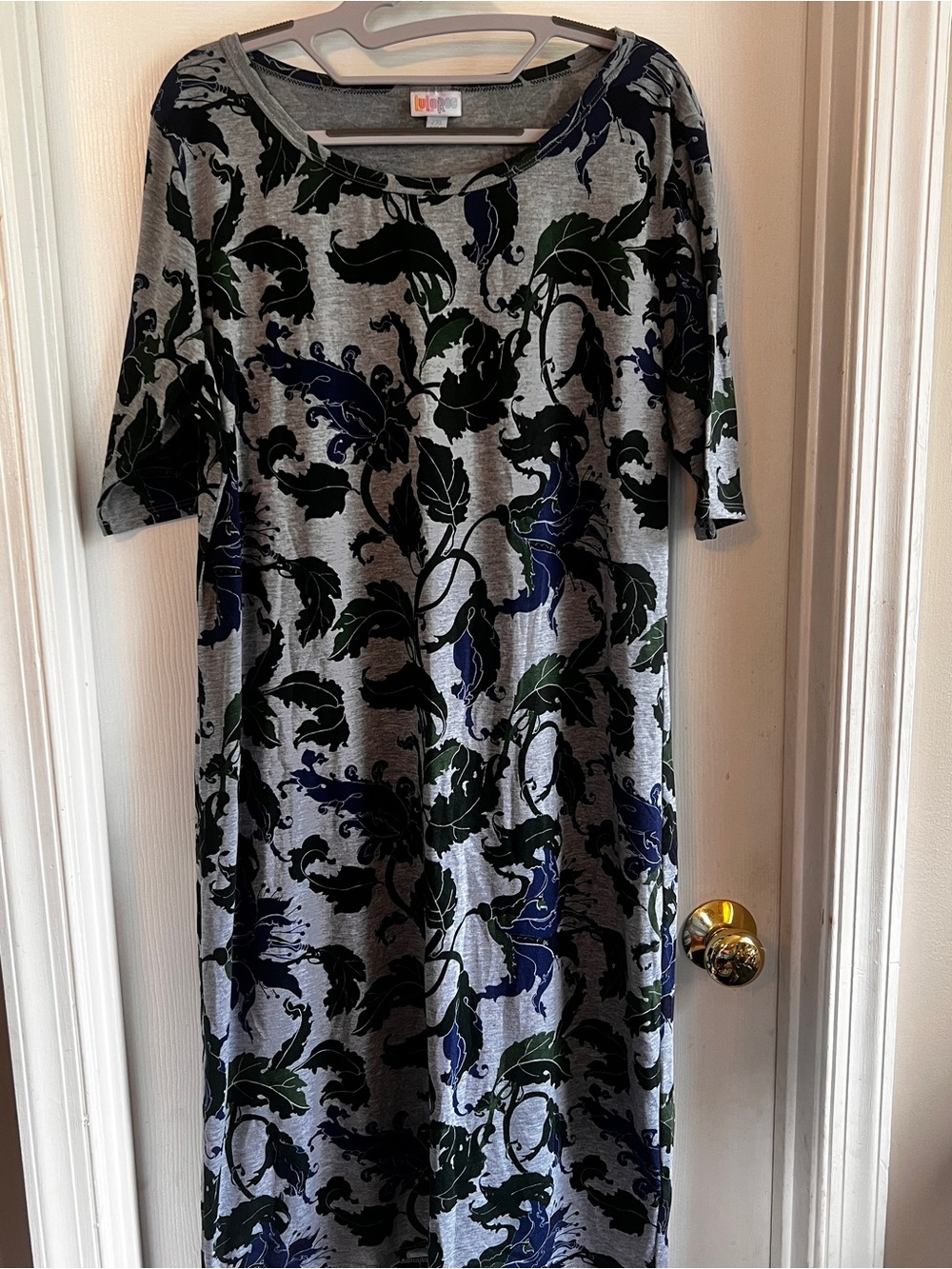LuLaRoe Gray Midi Julia Dress with Navy & Green Floral Print